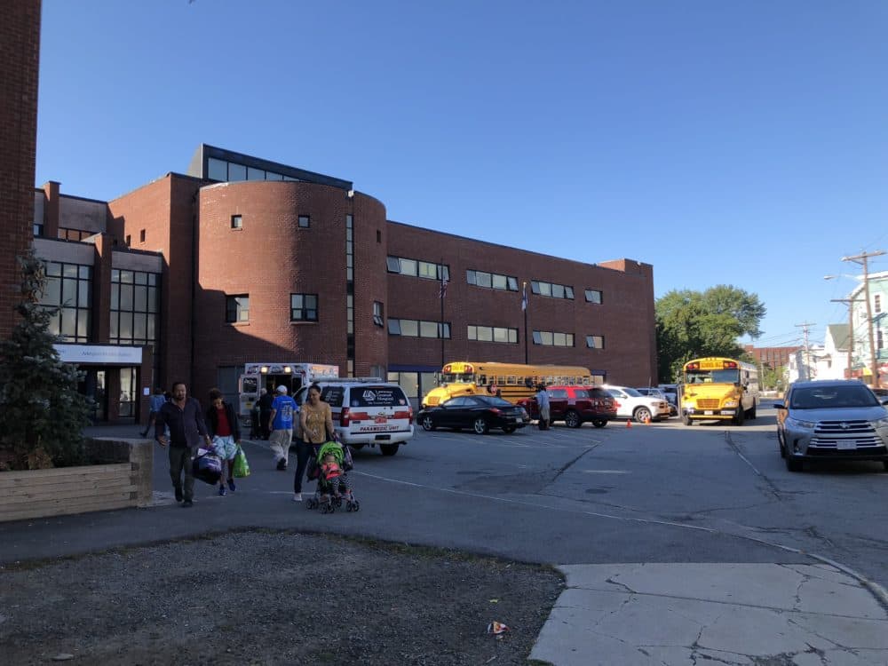 During the three-day lockout after Thursday night's fires, up to 200 Lawrence residents stayed in an emergency shelter inside the city's Arlington Middle School. (Max Larkin/WBUR)