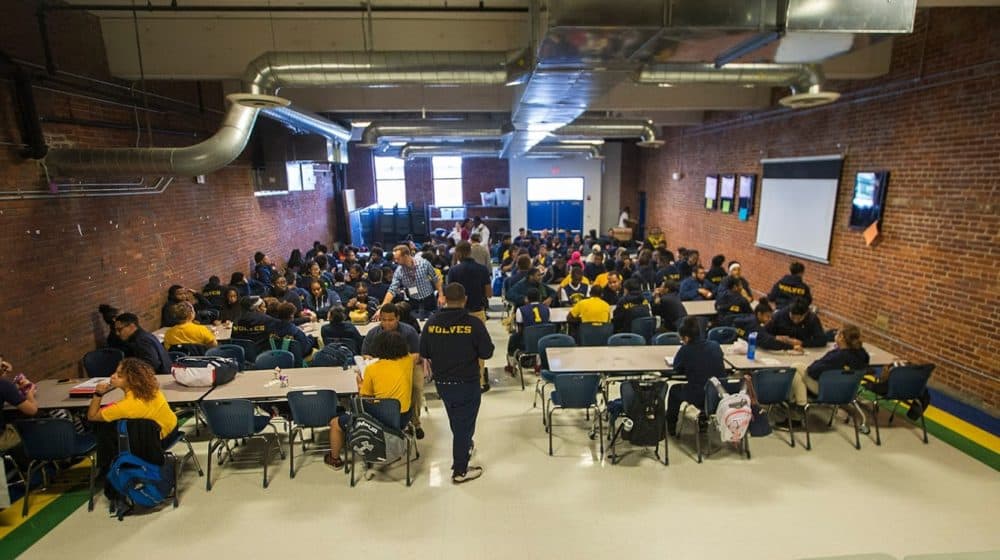 The largest room at Roxbury Prep High School's Maywood campus at lunchtime. It can only fit half of a single class of students at a time. (Jesse Costa/WBUR)