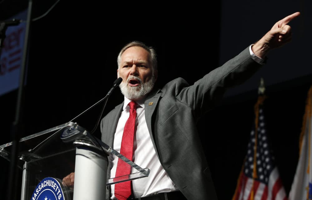 Republican candidate for governor Scott Lively addresses the Massachusetts Republican Convention at the DCU Center in Worcester in April. (Winslow Townson/AP)