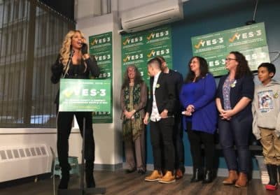 Speaking at a Yes on 3 event in downtown Boston Wednesday, actress Laverne Cox offered a message to transgender people, telling them, &quot;We are each here for a divine purpose.&quot; (Katie Lannan/SHNS)