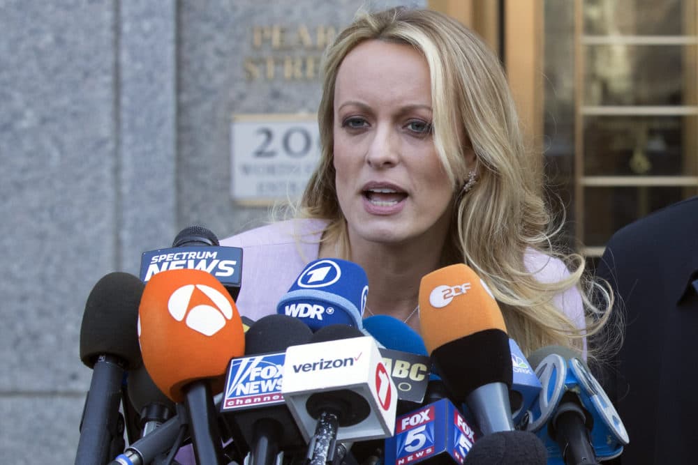 Adult film actress Stormy Daniels speaks outside federal court, Monday, April 16, 2018, in New York. (Mary Altaffer/AP)