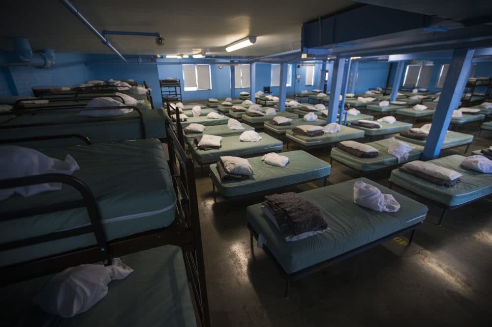 Beds in the men's ward at the Pine Street Inn in Boston (Jesse Costa/WBUR)