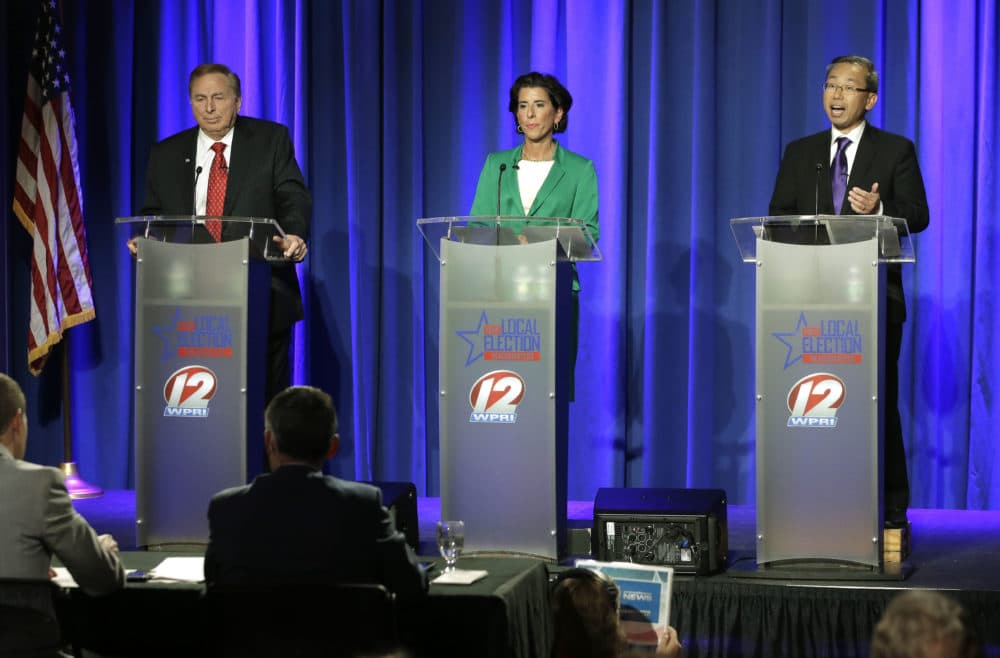Rhode Island gubernatorial candidates, from left, former state Rep. Joseph Trillo, who is running as an independent, Democratic Gov. Gina Raimondo, and Republican Cranston Mayor Allan Fung, participate in a televised debate, Thursday, Sept. 27, 2018, in Bristol, R.I. (Steven Senne/AP)