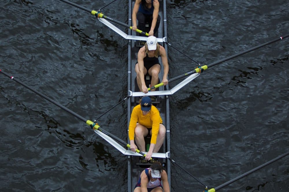 Rowing team from University of California training before the Head of the Charles Regatta. (Jesse Costa/WBUR)