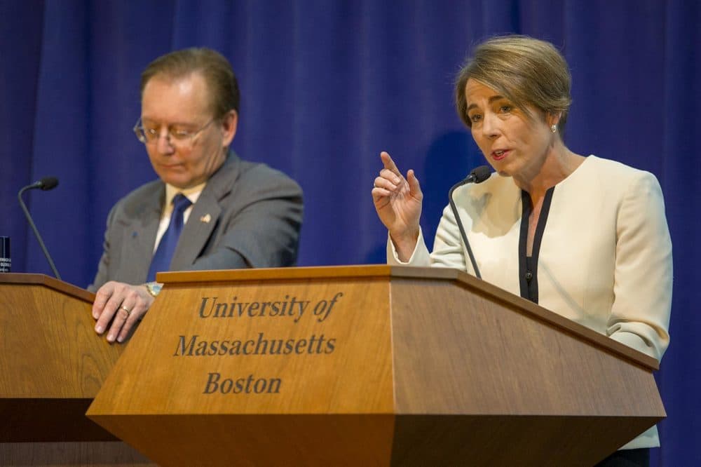 Jay McMahon and Maura Healey at a debate between candidates for Massachusetts attorney general at UMass Boston. (Robin Lubbock/WBUR)