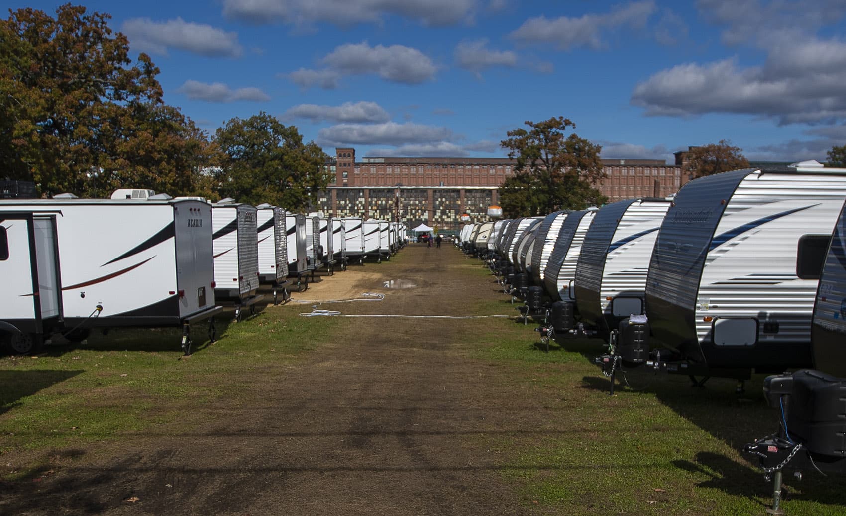 FEMA trailers at the O’Connell South Common in Lawrence are being used as alternative housing for people who were affected by the gas explosions in the Merrimack Valley. (Jesse Costa/WBUR)