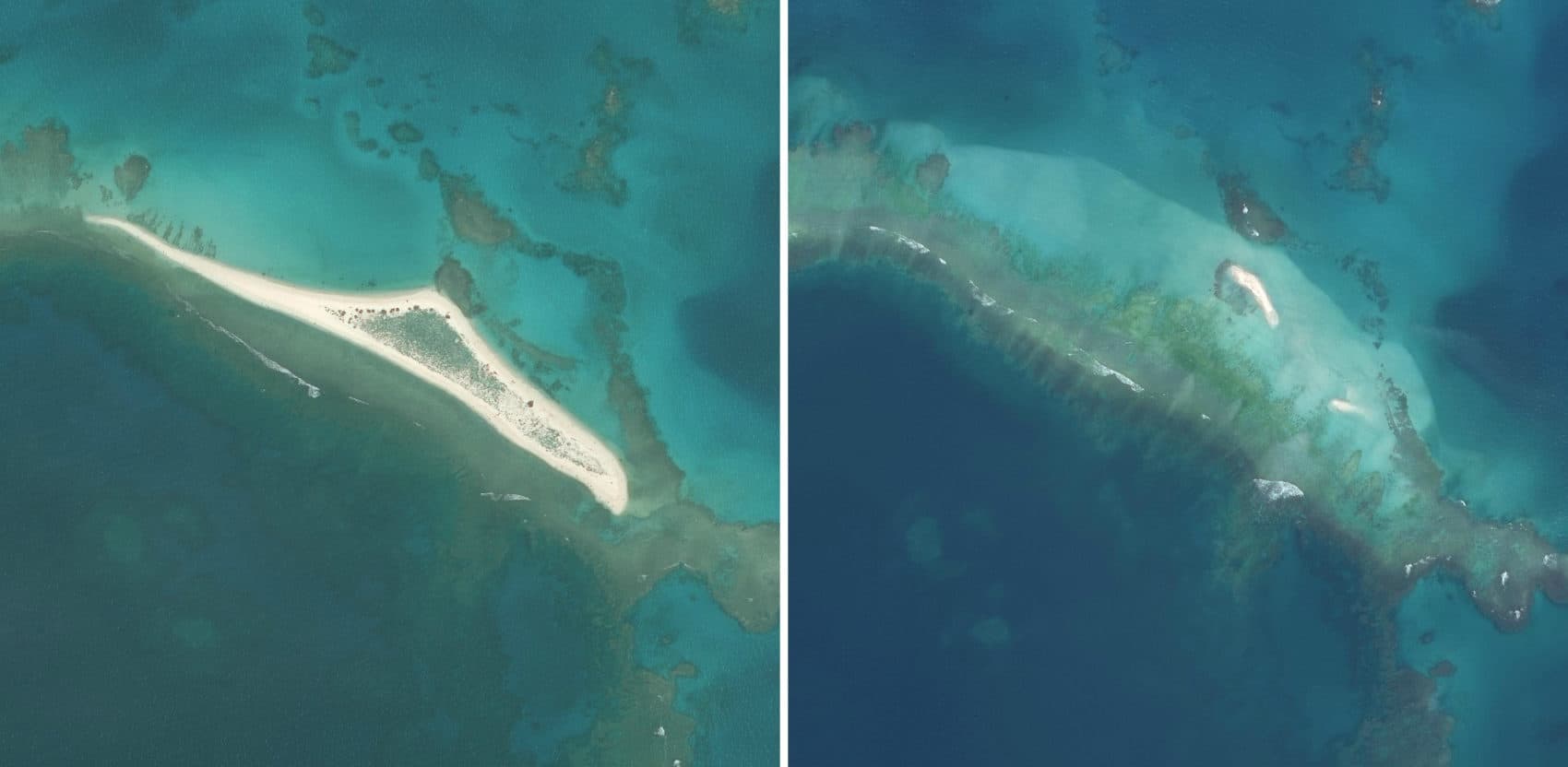 Hawaii's East island before Hurricane Walaka (left) and after (right). (Courtesy of Chip Fletcher)