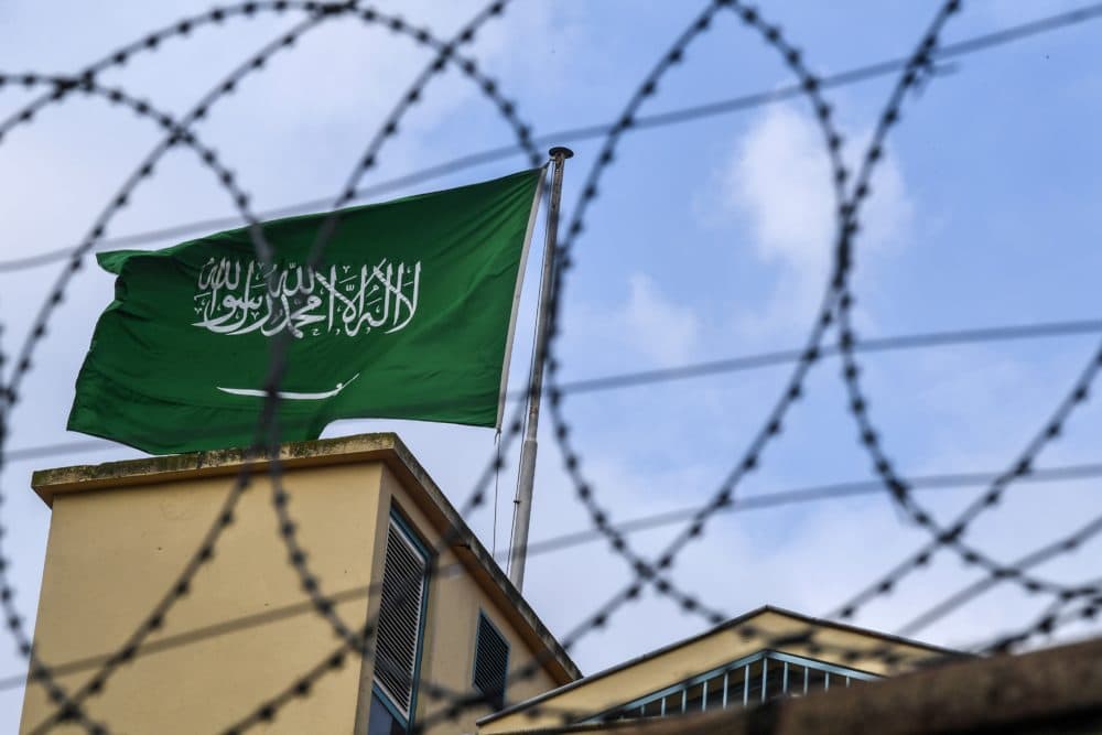 A Saudi Arabia flag behind barbed wires is seen in the backyard of the Saudi Arabian consulate on Oct. 11, 2018, in Istanbul. (Ozan Kose/AFP/Getty Images)