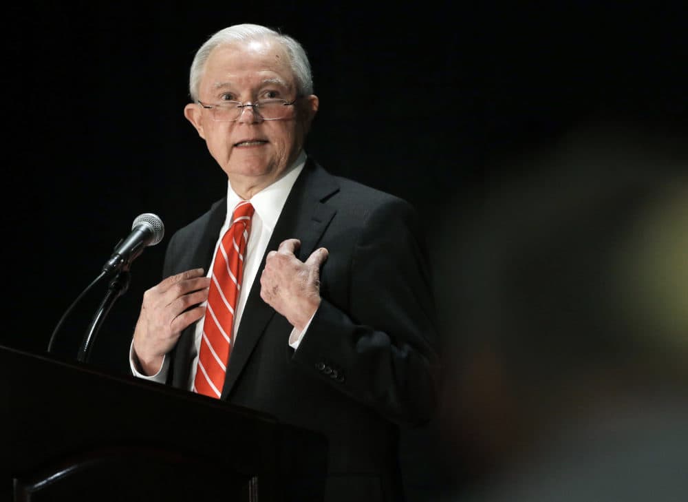 Attorney General Jeff Sessions speaks at a luncheon event organized by the Boston Lawyers Chapter of the Federalist Society on Monday in Boston. (Steven Senne/AP)