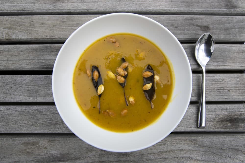 Pumpkin and leek soup with fried sage leaves. (Jesse Costa/WBUR)