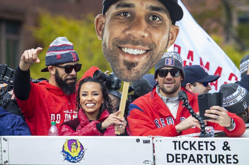 Red Sox Pitchers David Price and Nathan Eovaldi celebrate as the Red Sox Rolling Rally makes it’s way through Copley Square. (Jesse Costa/WBUR)