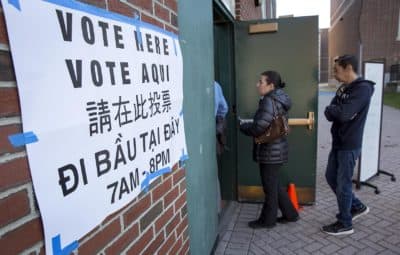 2016 voters in line outside East Boston High School (Robin Lubbock/WBUR)