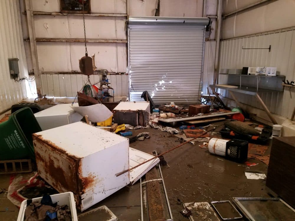 Inside Buddy Ward & Son's Seafood, owned by T.J. Ward's family, in Apalachicola, after Hurricane Michael swept through. (Courtesy T.J. Ward)