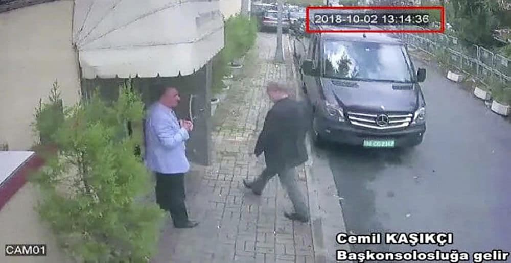 This image taken from CCTV video obtained by the Turkish newspaper Hurriyet and made available on Tuesday, Oct. 9, 2018 claims to show Saudi journalist Jamal Khashoggi entering the Saudi consulate in Istanbul, Tuesday, Oct. 2, 2018. (CCTV/Hurriyet via AP)