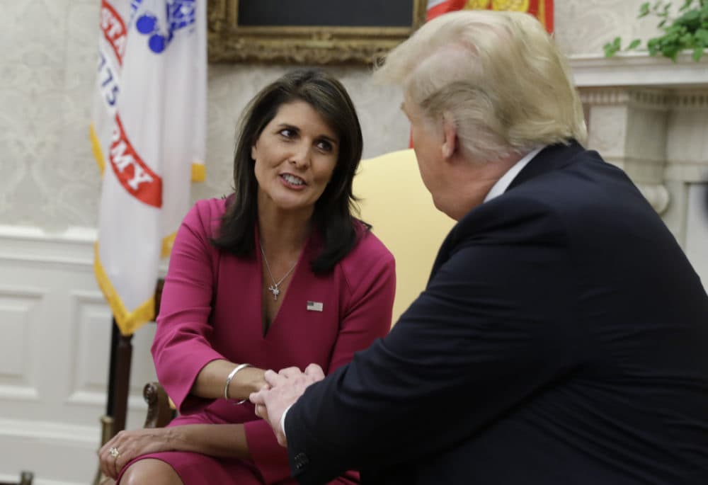 President Donald Trump meets with outgoing U.S. Ambassador to the United Nations Nikki Haley in the Oval Office of the White House, Tuesday, Oct. 9, 2018, in Washington. (Evan Vucci/AP)