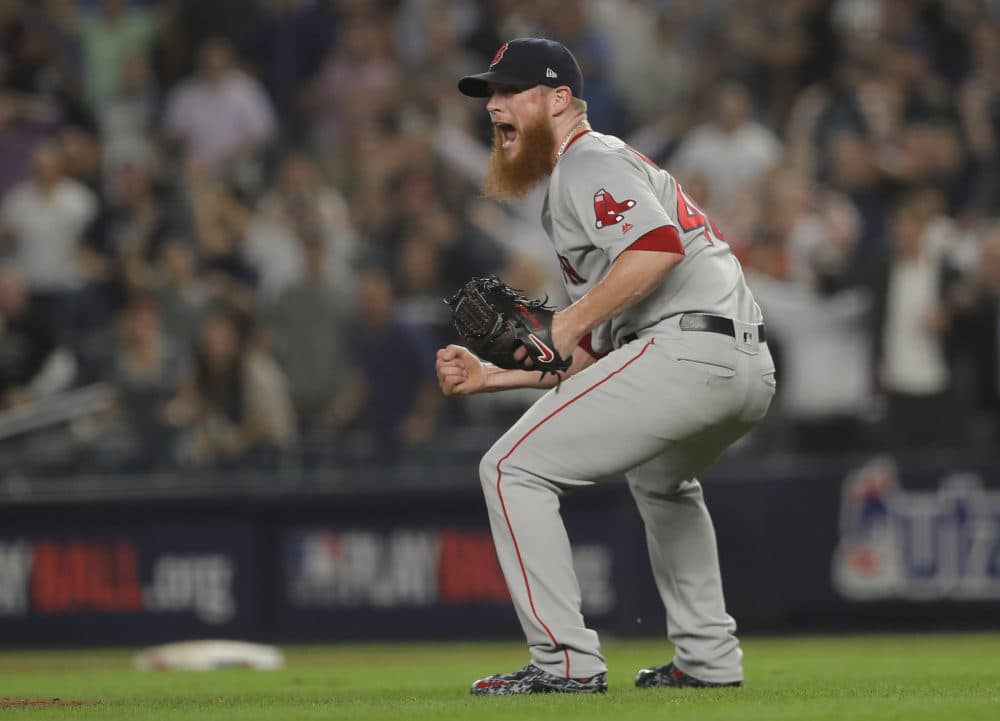 Boston Red Sox relief pitcher Craig Kimbrel reacts after the Red Sox beat the New York Yankees 4-3 in Game 4 of baseball's American League Division Series, Tuesday, Oct. 9, 2018, in New York. (Julie Jacobson/AP)