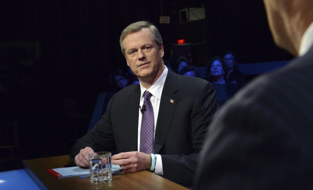 Republican Gov. Charlie Baker faces Democratic challenger Jay Gonzalez during a debate at the studios of WBGH-TV in Boston on Oct. 17, 2018. (Meredith Nierman/WGBH-TV via AP)