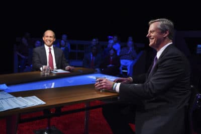 Republican Gov. Charlie Baker, right, and Democratic challenger Jay Gonzalez wait to be introduced prior to a televised debate at the studios of WBGH-TV in Boston on Wednesday. (Meredith Nierman/WGBH-TV via AP, Pool)