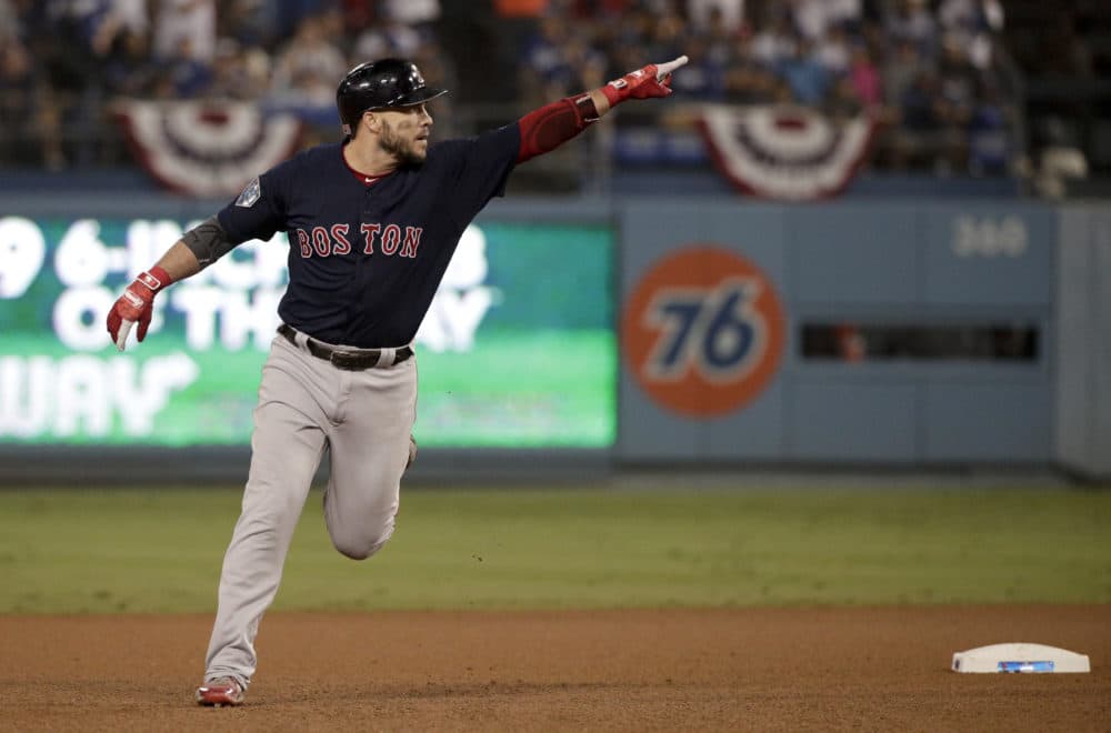 Boston Red Sox's Steve Pearce celebrates after his home run against the Los Angeles Dodgers during the eighth inning in Game 4 of the World Series baseball game on Saturday, Oct. 27, 2018, in Los Angeles. (Jae C. Hong/AP)