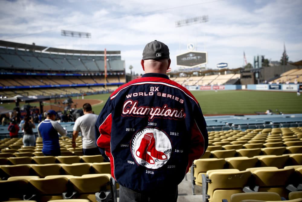 A Boston Red Sox fan arrives before Game 5 of the World Series baseball game against the Los Angeles Dodgers on Sunday, Oct. 28, 2018, in Los Angeles. (Jae C. Hong/AP)