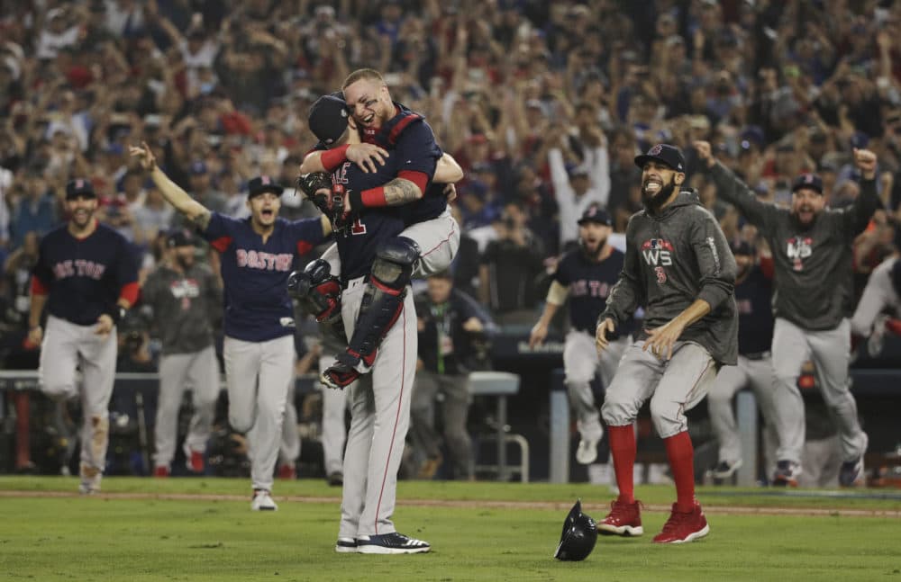 The Boston Red Sox celebrate after Game 5 of baseball's World Series against the Los Angeles Dodgers on Sunday, Oct. 28, 2018, in Los Angeles. The Red Sox won 5-1 to win the series 4 game to 1. (Jae C. Hong/AP)