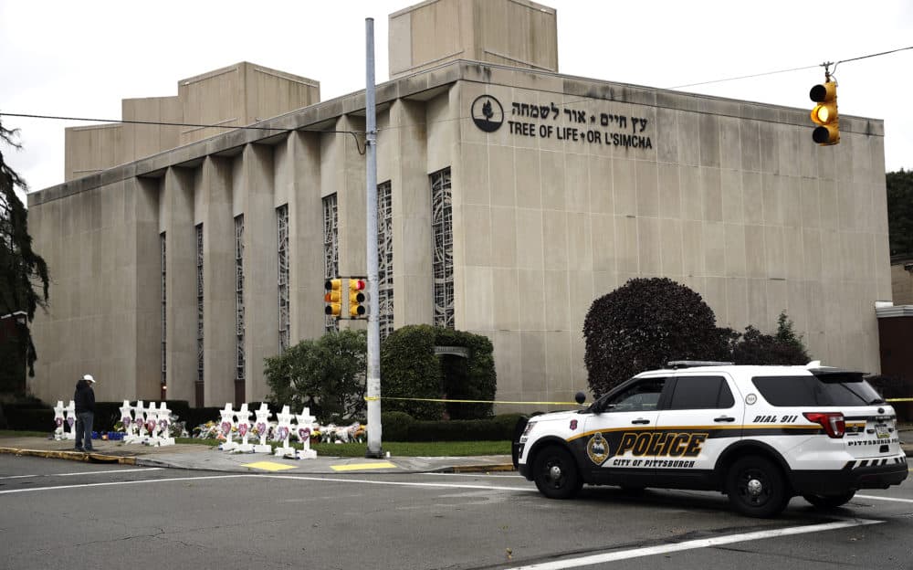 A police vehicle is posted near the Tree of Life/Or L'Simcha Synagogue in Pittsburgh, Monday, Oct. 29, 2018. (Matt Rourke/AP)