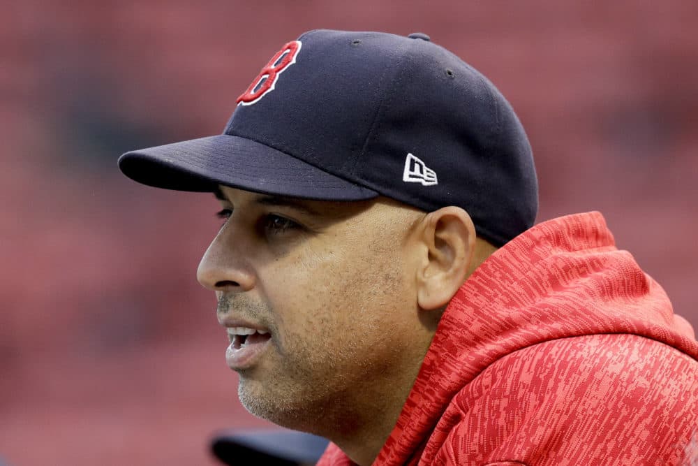 Red Sox manager Alex Cora watching batting practice against the Houston Astros in the American League Championship Series. (Charles Krupa/AP)