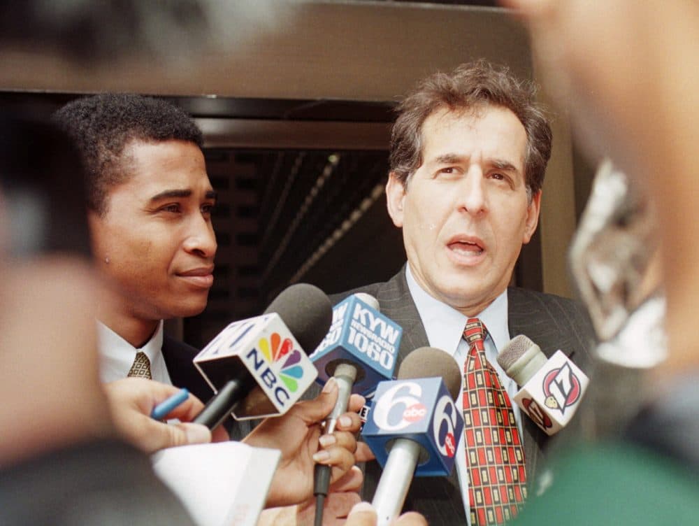 Assisant U.S. Attorney's Zane Memeger, left, and Barry Gross speak to the press outside the Federal Courthouse in Philadelphia Thursday, July 1, 1999. The two attorneys are trying a case against reputed Philadelphia mob boss Joseph Merlino who was denied bail in a hearing Thursday. Merlino is charged with running an operation to sell cocaine in the Boston area. (Chris Gardner/AP)
