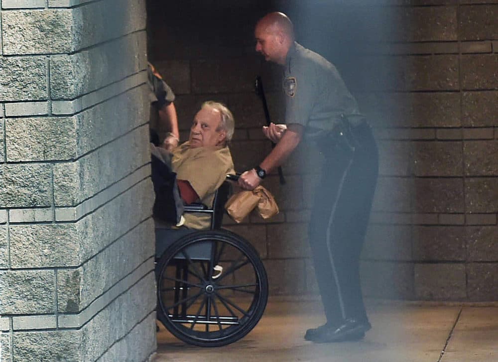 In this April 20, 2015, Bobby Gentile is brought into the federal courthouse in a wheelchair for a continuation of a hearing in Hartford, Connecticut. Gentile is a reputed mobster who authorities say is the last surviving person of interest in the largest art heist in U.S. history. (Cloe Poisson/The Courant via AP)