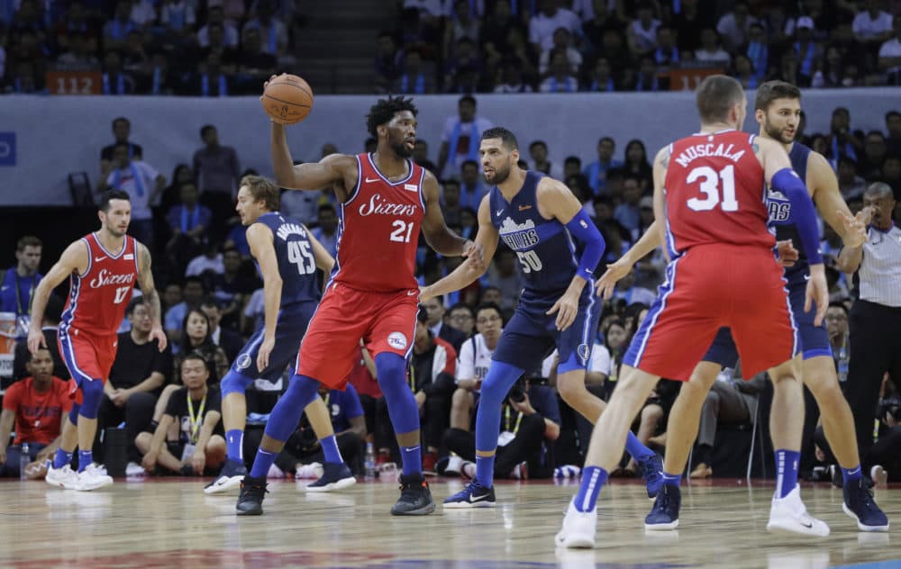 Joel Embiid (21) of the Philadelphia 76ers in action in an Oct. 8, 2018 NBA basketball game in Shenzhen, China. (AP/Kin Cheung)