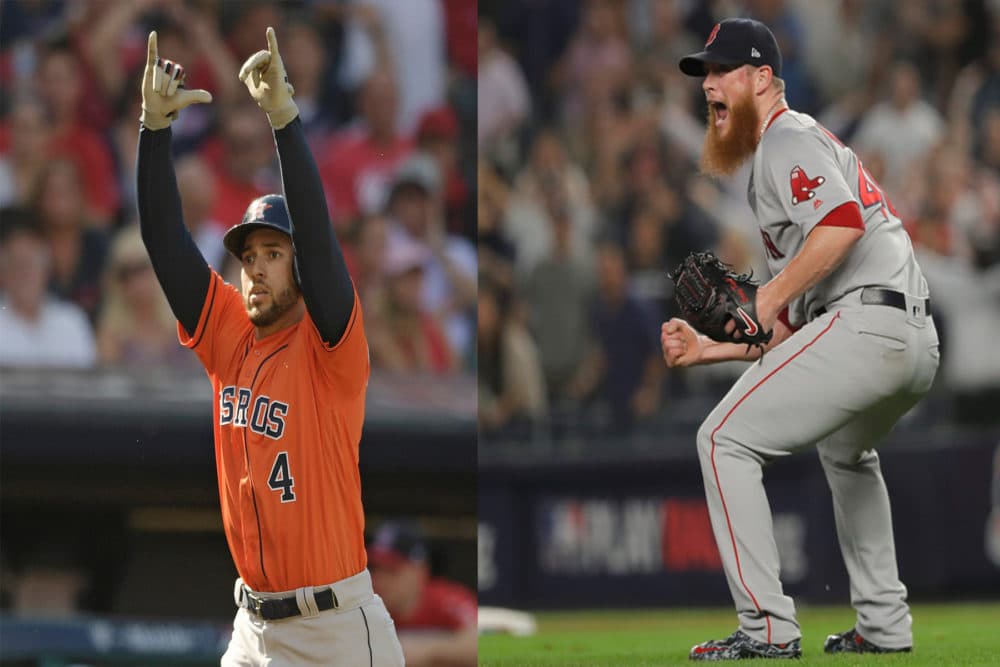 Houston Astros' George Springer during Game 3 of the ALDS in Cleveland (left) and Boston Red Sox relief pitcher Craig Kimbrel (right) reacts after the Red Sox beat the New York Yankees in Game 4 of the ALDS. (David Dermer/AP, Julie Jacobson/ AP)