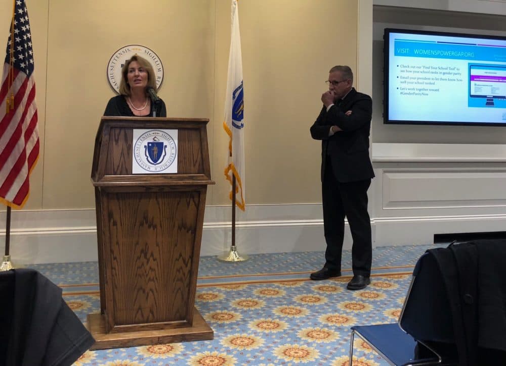 Eos Foundation President Andrea Silbert was joined by Commissioner of Higher Education Carlos Santiago to discuss gender disparity in Massachusetts' colleges and universities. (Chris Triunfo/SHNS)