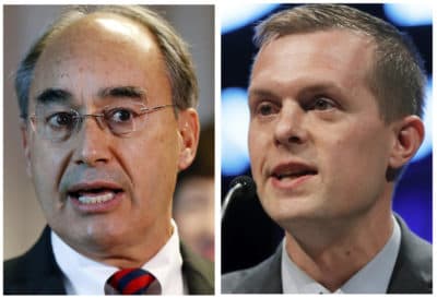 This combination of photos show U.S. Rep. Bruce Poliquin in 2017, left, and state Rep. Jared Golden in 2018, right, in Maine. (Robert F. Bukaty/AP File Photo)