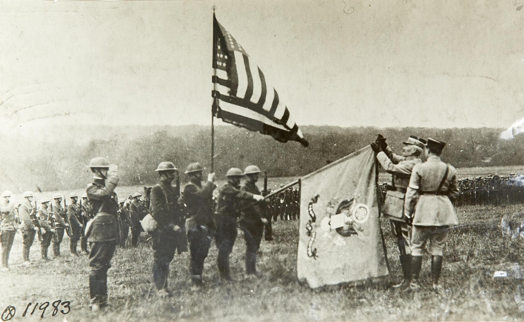 French military leaders award the Croix De Guerre to the 104th Regiment of Infantry in the Yankee Division, making it the first American unit decorated by a foreign country. (Courtesy of the Massachusetts National Guard Archives)