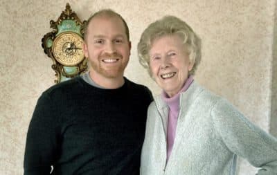 Here & Now's Jeremy Hobson with his grandmother Margaret Hobson at her home in Coventry, England. (Jeremy Hobson/Here & Now)