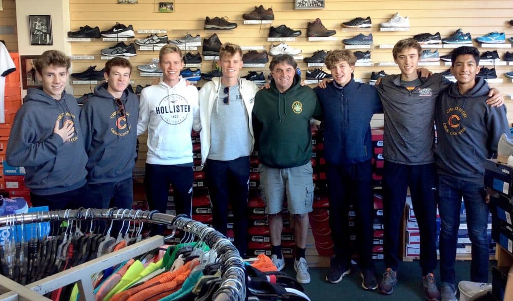 Paradise High School senior and cross-country runner Gabe Price (third from right) is joined by members of the Chico High School varsity cross-country team, with Mike Williams, owner of the The Jogg'n Shoppe in Arcata, Calif. The Chico runners are training with Price on the Redwood Coast ahead of the state cross-country championships in Fresno next weekend. Williams donated running gear to Price after he and his family lost their home in the Camp Fire. (Courtesy of Christine Callahan)