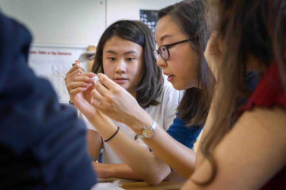 MIT grad student Ally Huang demonstrates one of the BioBits freeze-dried cell-free kits at Brookline High School. (Robin Lubbock/WBUR)