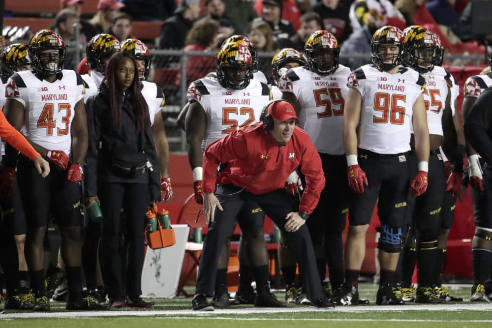 Maryland head coach DJ Durkin looks on during the second half of an NCAA college football game against Rutgers, Saturday, Nov. 4, 2017, in Piscataway, N.J. Rutgers won 31-24. (Julio Cortez/AP)