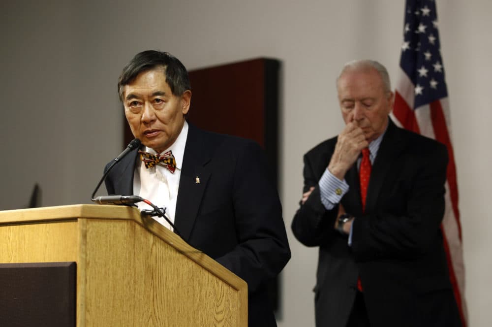 University of Maryland president Wallace Loh, left, speaks at a recent news conference. (Patrick Semansky/AP)