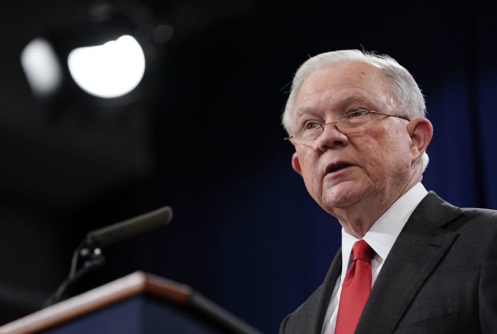 Attorney General Jeff Sessions speaks during a news conference to announce a criminal law enforcement action involving China, at the Department of Justice in Washington, Thursday, Nov. 1, 2018. Justice Department and FBI leaders announced criminal charges and an operation to thwart Chinese economic espionage. (AP Photo/Pablo Martinez Monsivais)