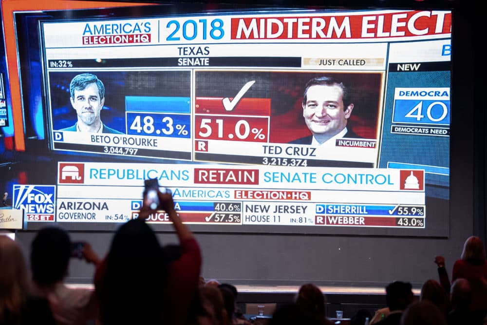 Fox News announces U.S. Sen. Ted Cruz (R-Texas) as the winner over challenger U.S. Rep. Beto O'Rourke during the Dallas County Republican Party election night watch party on Tuesday, Nov. 6, 2018 at The Statler Hotel in Dallas. (Jeffrey McWhorter/AP)