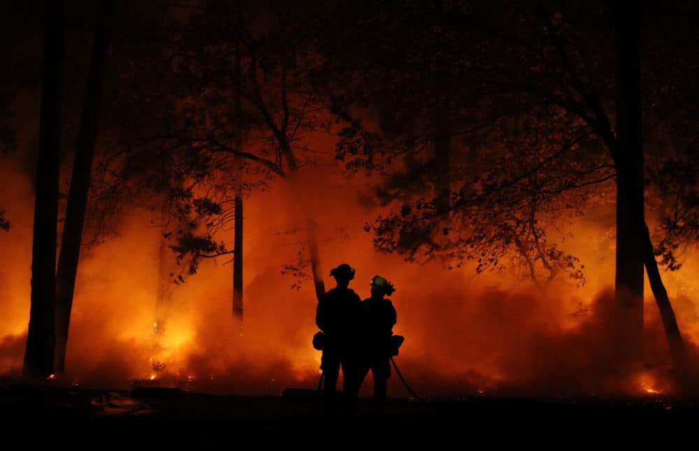 Firefighters work on a controlled burn at the Camp Fire, Friday, Nov. 9, 2018, in Magalia, Calif. (AP Photo/John Locher)