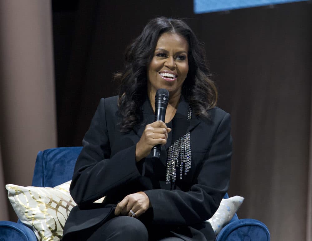 Former first lady Michelle Obama speaks to the crowd as she presents her anticipated memoir &quot;Becoming&quot; during her book tour stop in Washington, Saturday, Nov. 17, 2018. (Jose Luis Magana/AP)