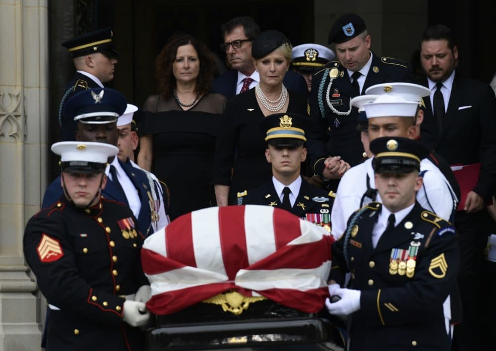 The casket of Sen. John McCain, R-Ariz., arrives at the Washington National Cathedral in Washington, Saturday, Sept. 1, 2018, for a memorial service. McCain died Aug. 25 from brain cancer at age 81. (Susan Walsh/AP)