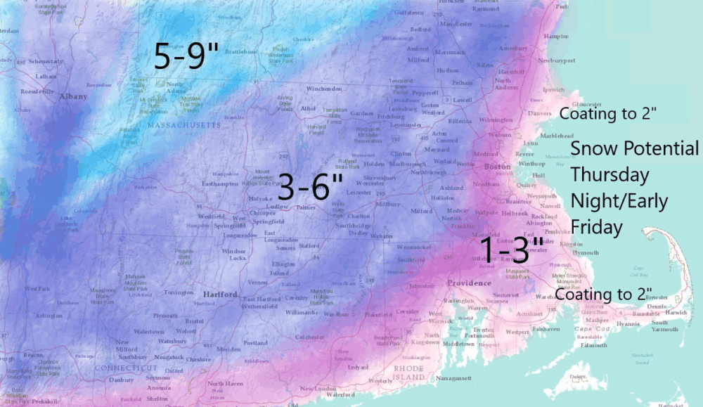 Many areas will see 3-6 inches of snow Thursday evening. (Dave Epstein/WBUR)