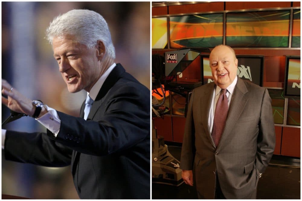 Former President Bill Clinton, left, alongside the late Fox News CEO Roger Ailes. (Charlie Neibergall, File/AP and Jim Cooper, File/AP)