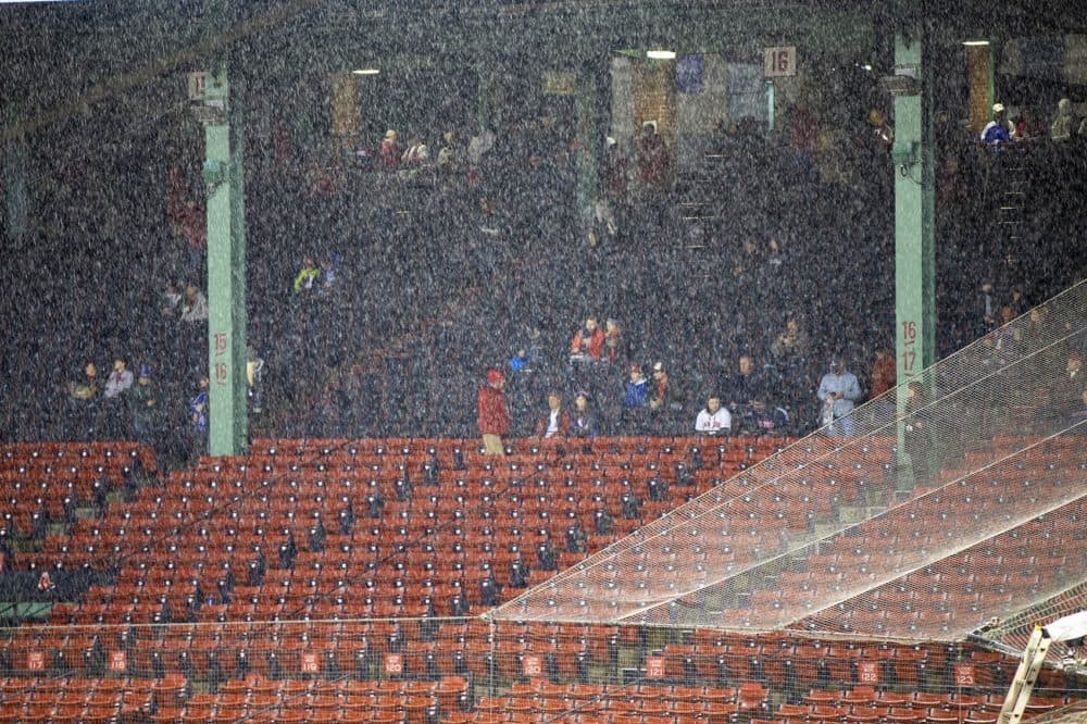 Rain falls on Fenway Park before an Oct. 24 World Series game. (Jesse Costa/WBUR)