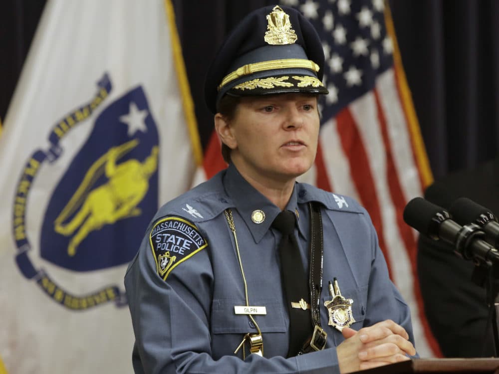 Massachusetts State Police Col. Kerry Gilpin faces reporters during a news conference in April. (Steven Senne/AP)