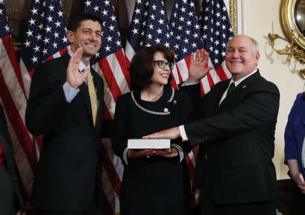 House Speaker Paul Ryan, left, of Wis., conducts a a ceremonial swearing-in ceremony for Rep.-elect Ron Estes, R-Kan., accompanied by his wife Susan Estes, center, at the Capitol in Washington, April 25, 2017. (Manuel Balce Ceneta/AP)
