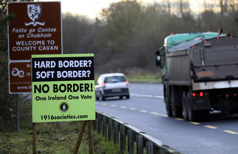 A poster against a hard border stands on the border between Northern Ireland and the Republic of Ireland near the town of Derrylin, Northern Ireland, Dec. 12, 2018. (Peter Morrison/AP)